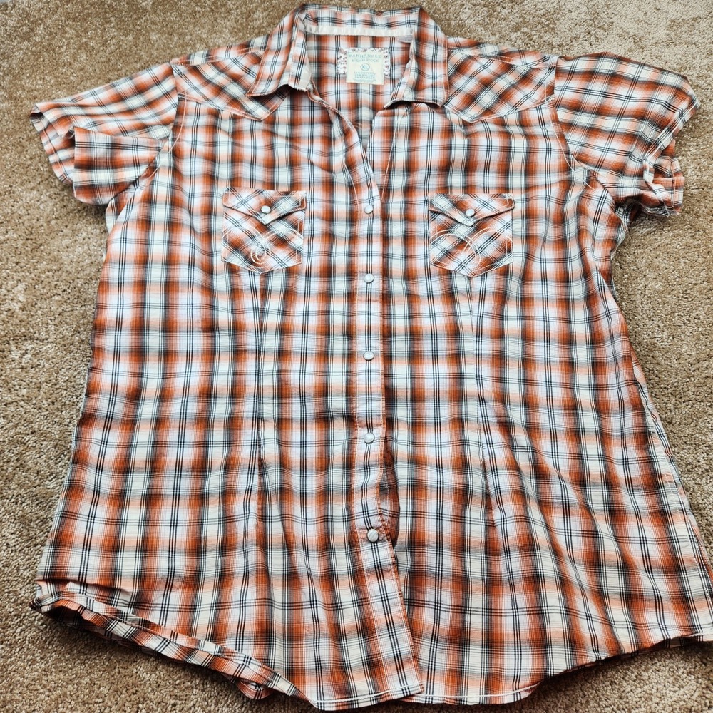 Panhandle Rough Stock Womens XL Orange Plaid Western Short Sleeve Snap Shirt